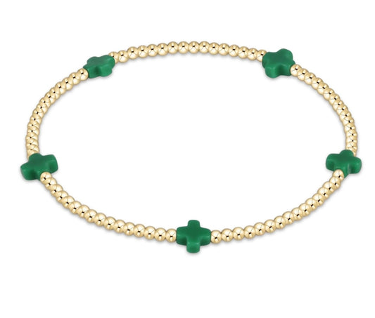 Signature Cross Small Gold Pattern 2mm Bead Bracelet - Emerald