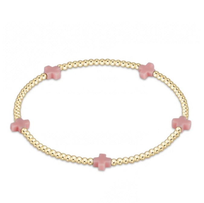 Signature Cross Small Gold Pattern 2mm Bead Bracelet - Pink