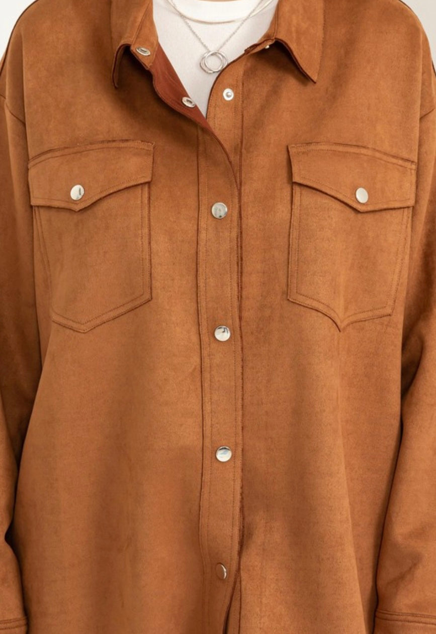 Simply Trendy Faux Suede Camel Button Front Shacket