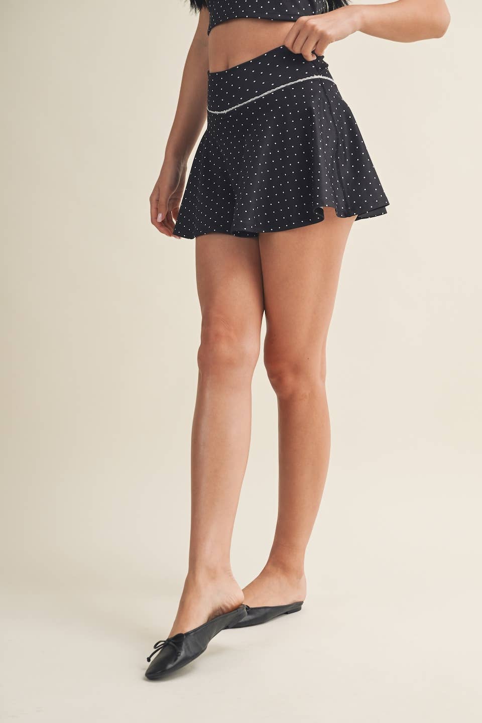 Polka Dot Print Mini Circle Skort with Bow Back Black