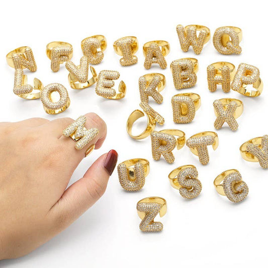 INITIAL MONOGRAM PAVE RHINESTONE BUBBLE RING | M