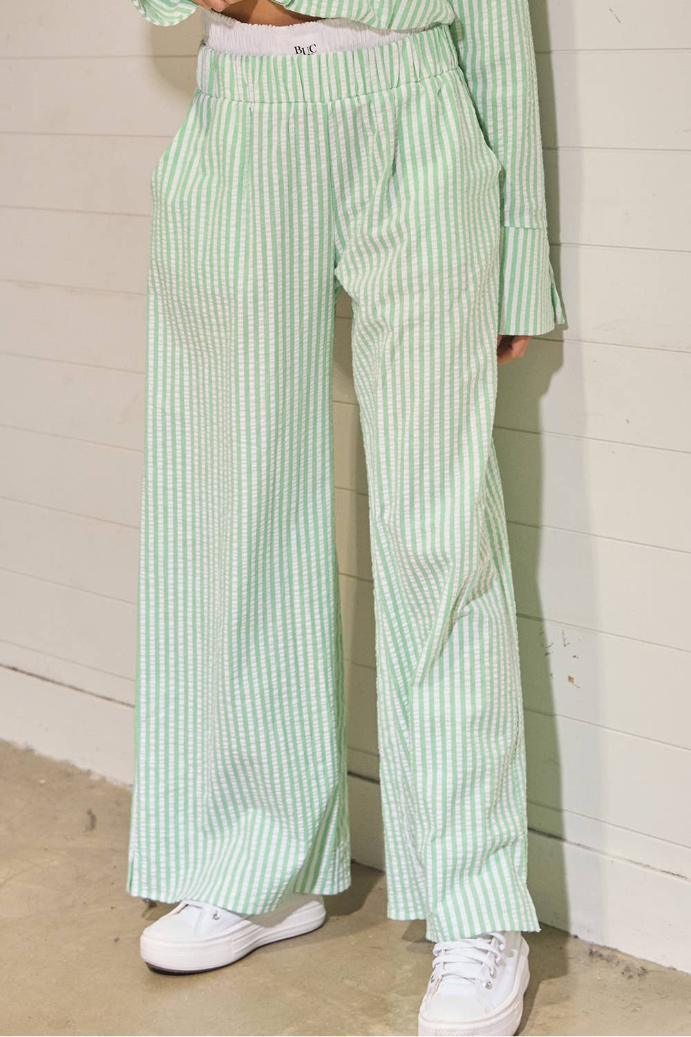 Sage Striped Seersucker Double Banded Exposed Boxer Pants