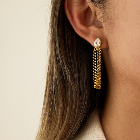 Teardrop CZ Chain Drop Earrings 18k Gold Non Tarnish