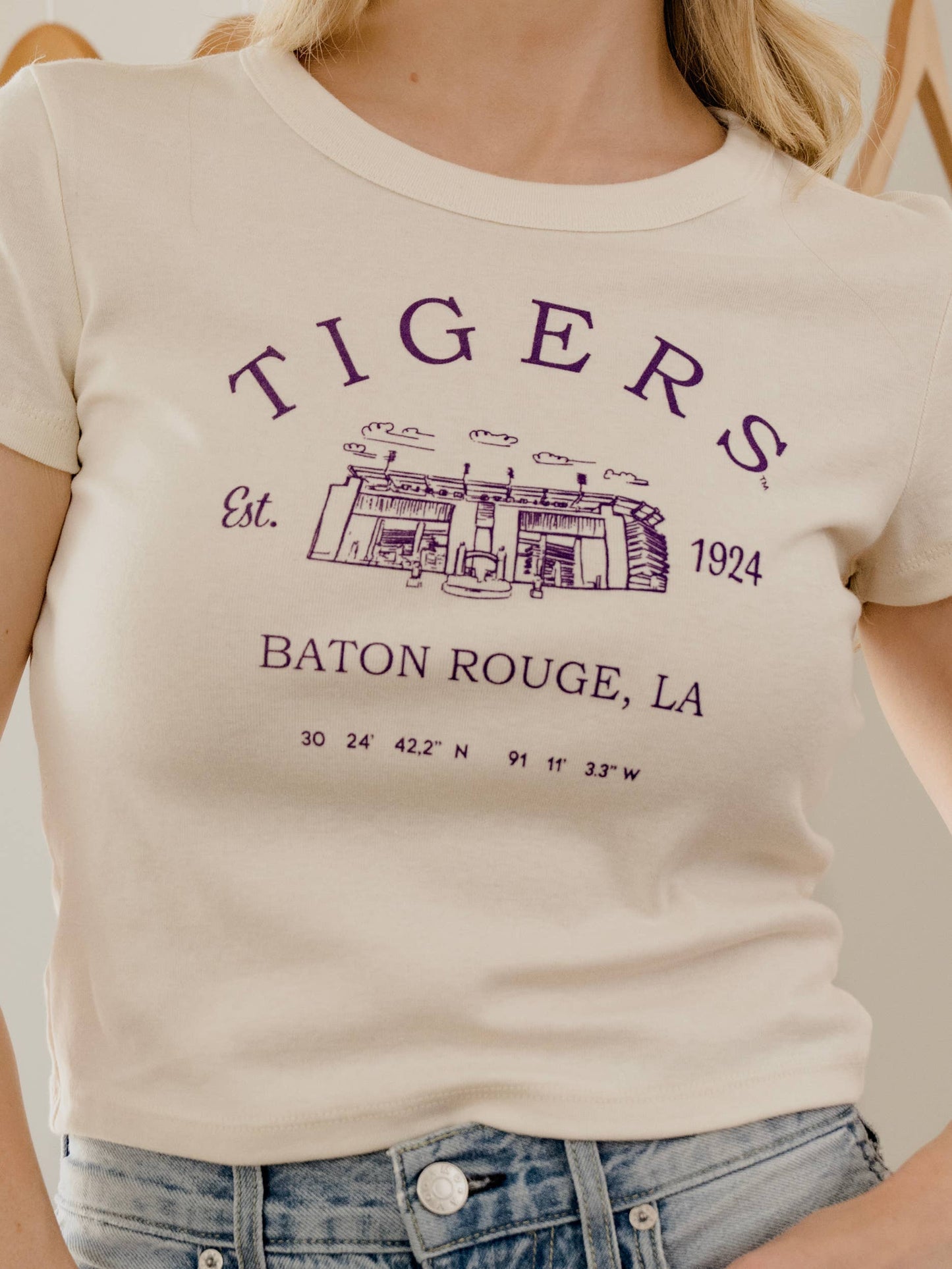 LSU Tigers Stadium Coordinates Off White Micro Cropped Tee