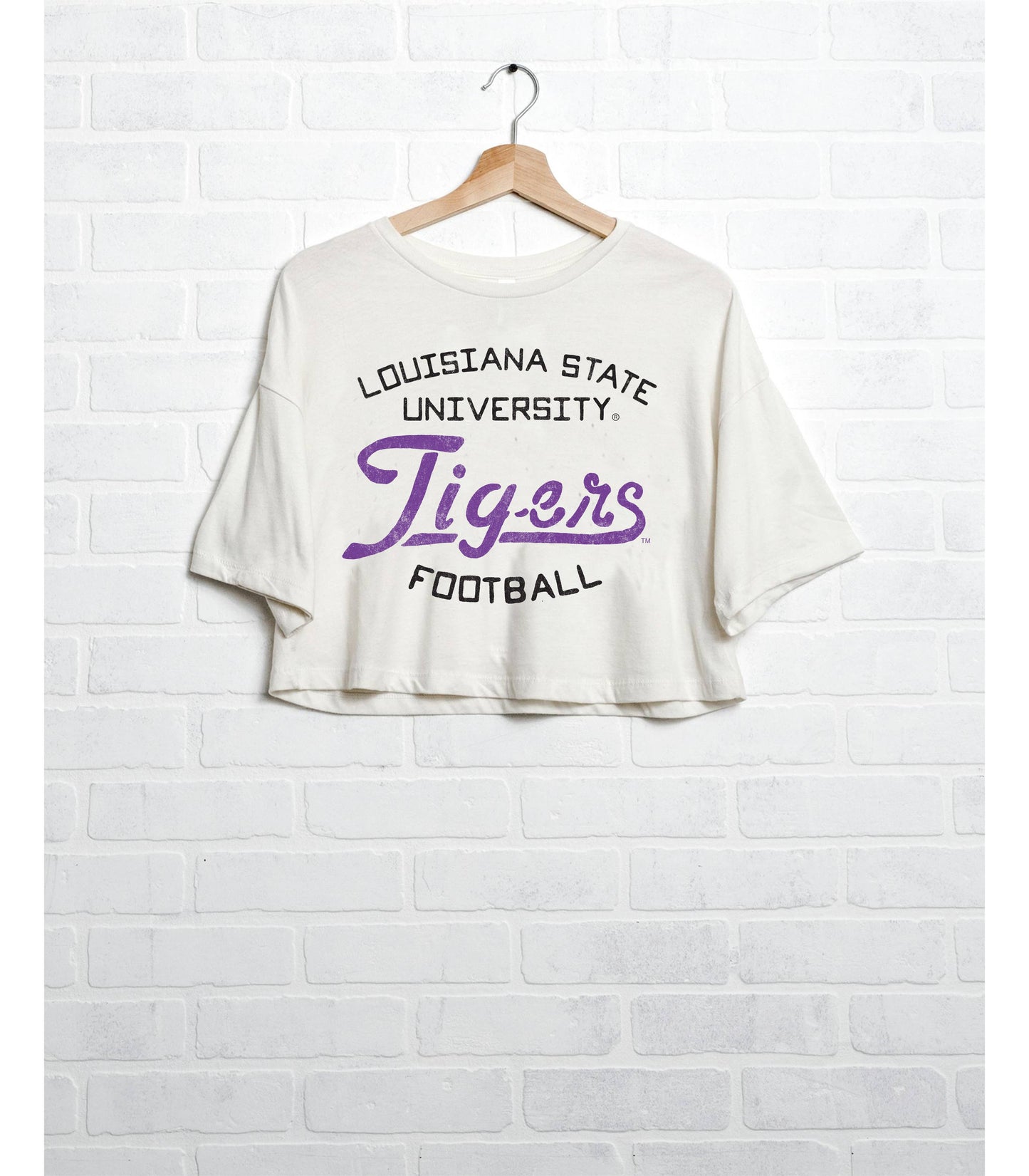 Geaux LSU Tigers Football Stencil Off White Cropped Tee