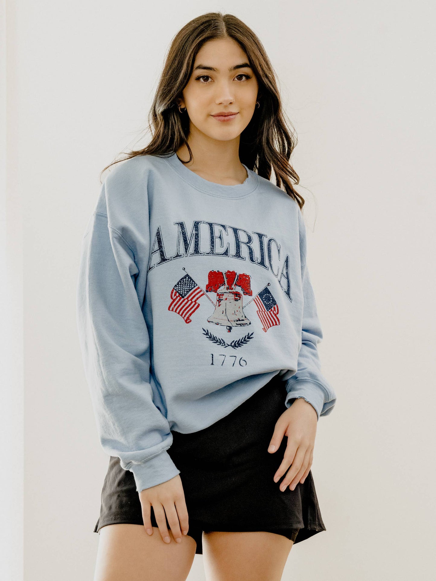 4th of July American Bell Light Blue Thrifted Sweatshirt