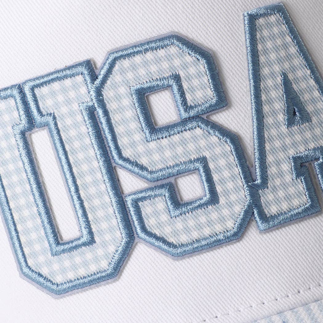 USA Gingham Embroidered Patch Stripe Brim Trucker Hat