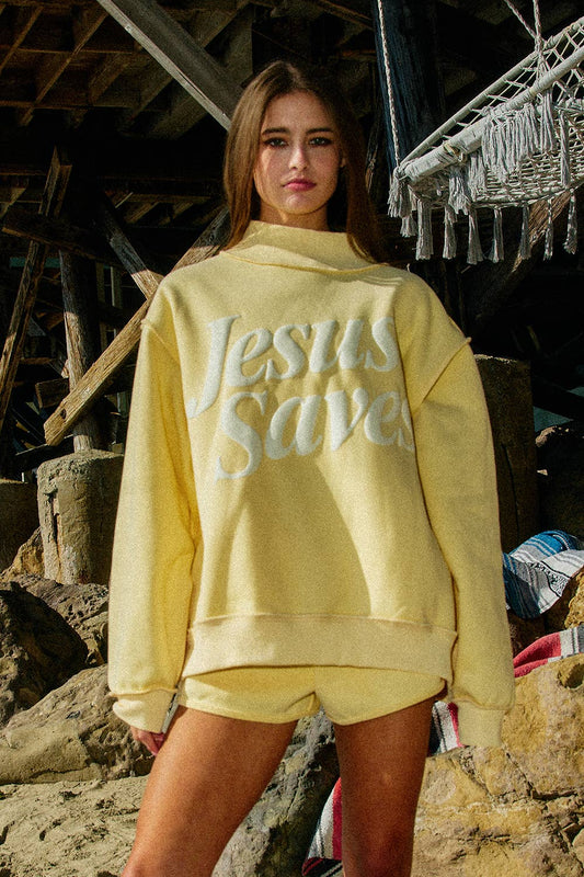 JESUS SAVES Butter Yellow Print Mock Neck Sweatshirt
