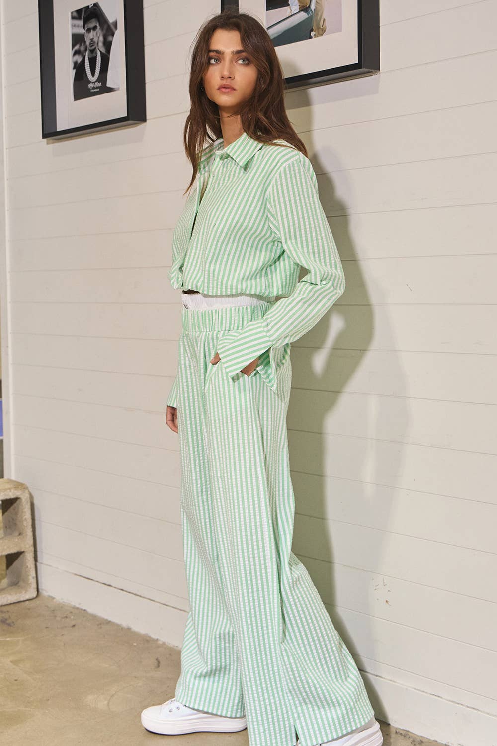 Sage Striped Seersucker Double Banded Exposed Boxer Pants