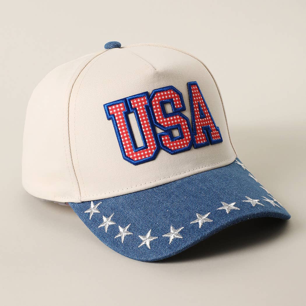 USA Gingham Letter Patch Star Brim Denim Cap