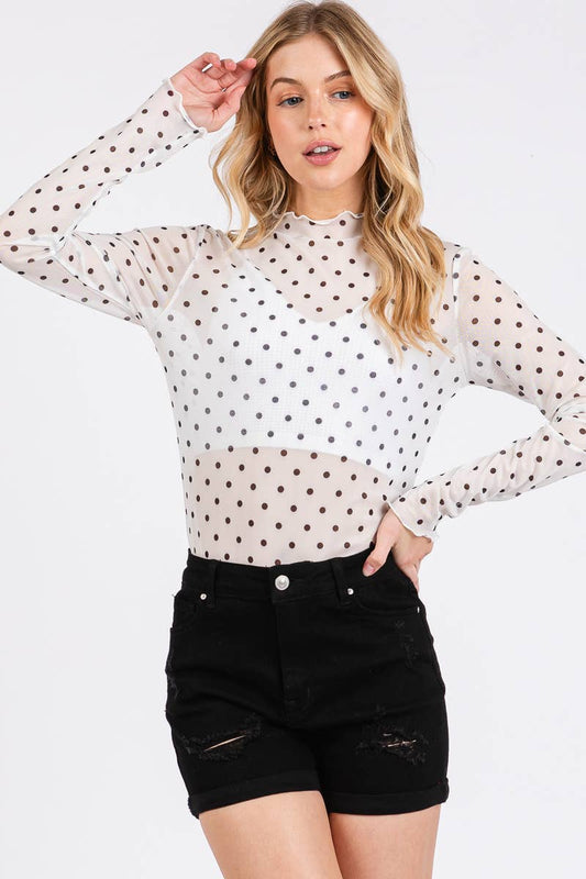 White Polka Dot Mesh Long Sleeve Top