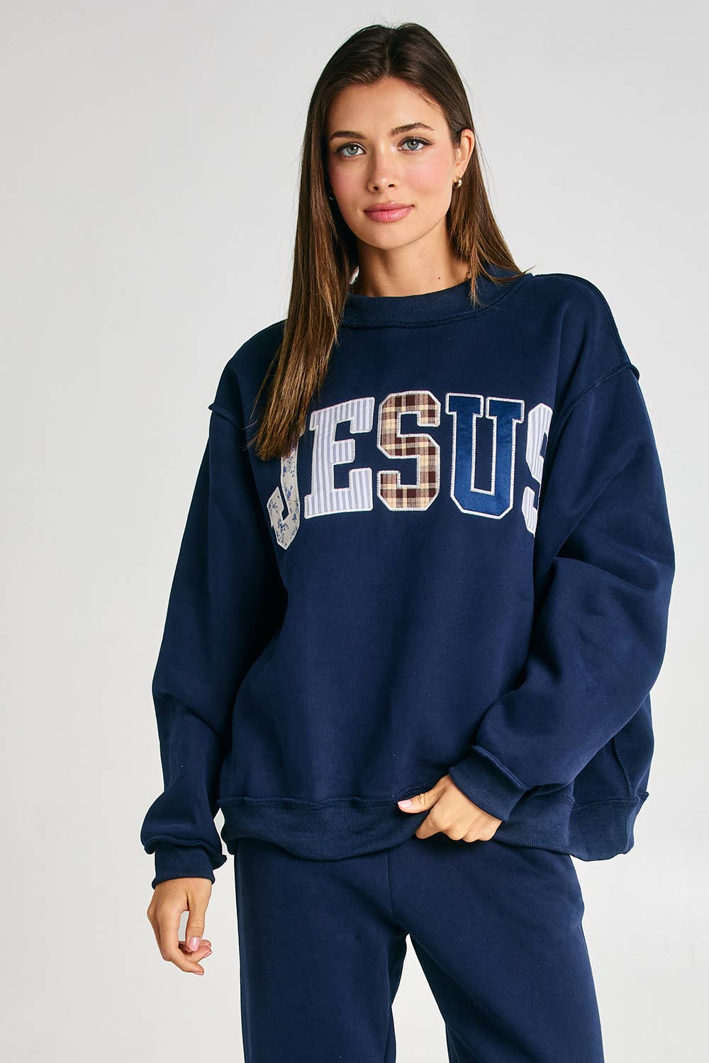 Jesus Embroidered Patchwork Mock-neck Sweatshirt