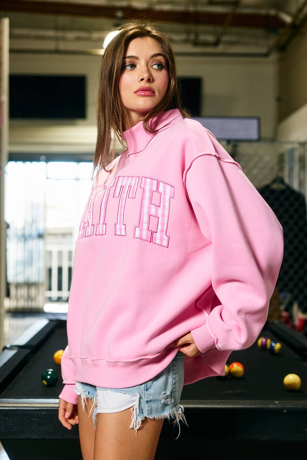 "FAITH" Embroidered Gingham Mock Neck Sweatshirt