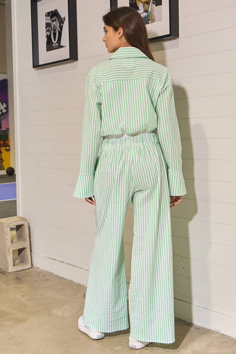 Sage Striped Seersucker Double Banded Exposed Boxer Pants