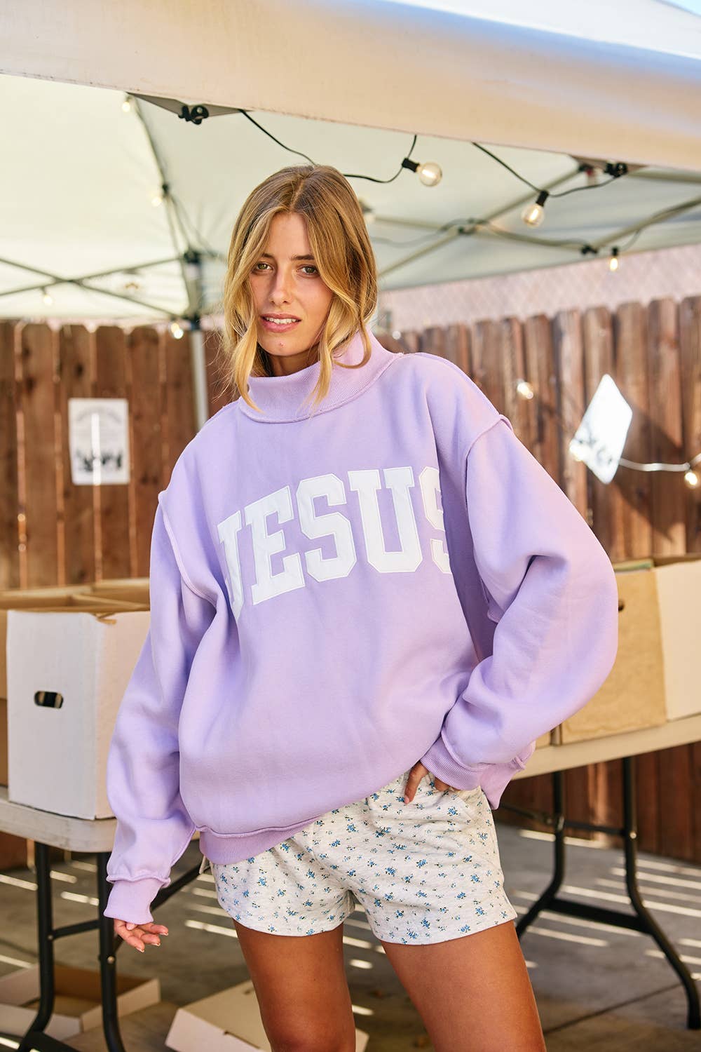 JESUS' Embroidered Mock Neck Sweatshirt Lavender