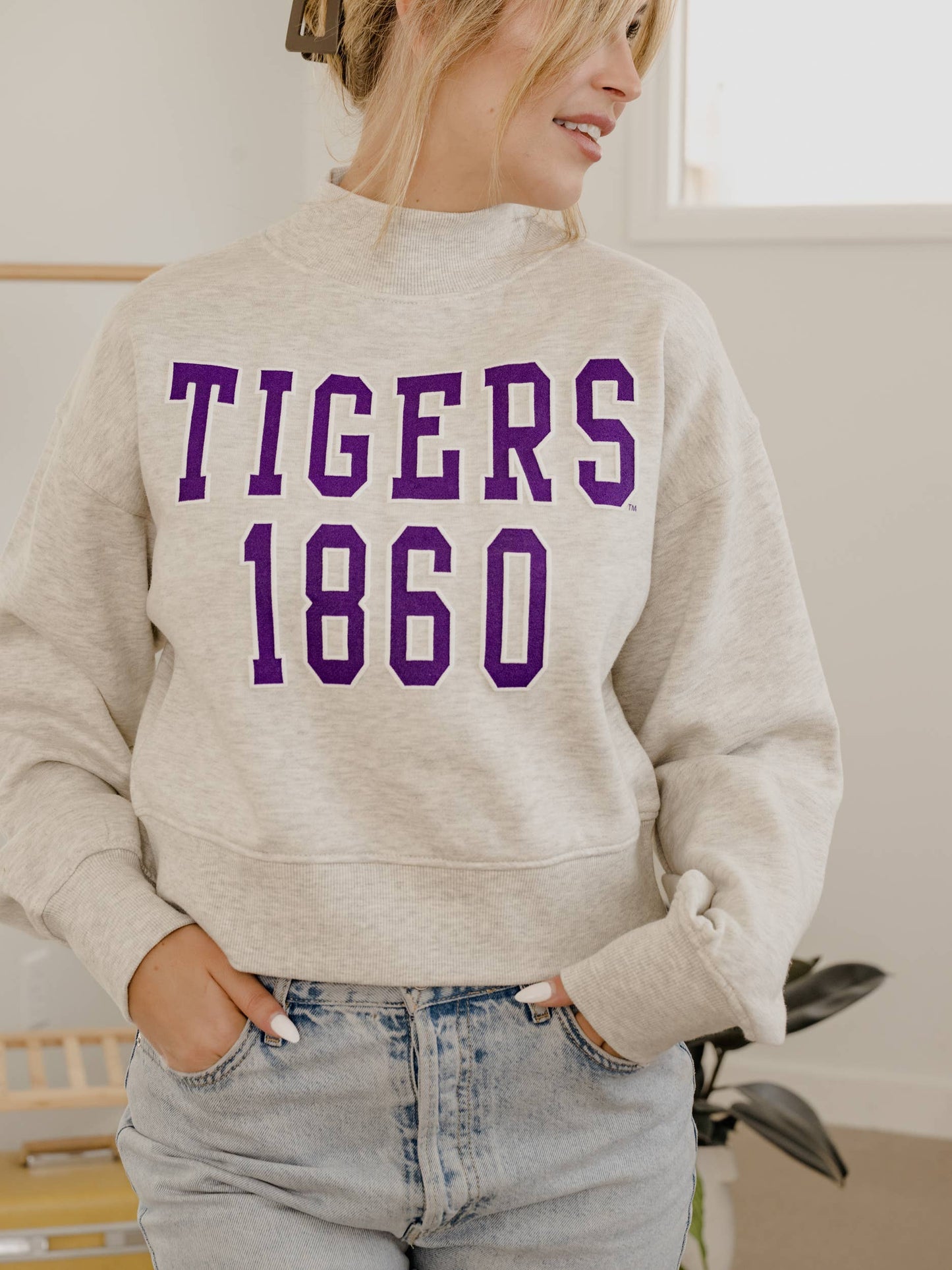 LSU Tigers College Block Puff Ink Gray Mock Neck Sweatshirt