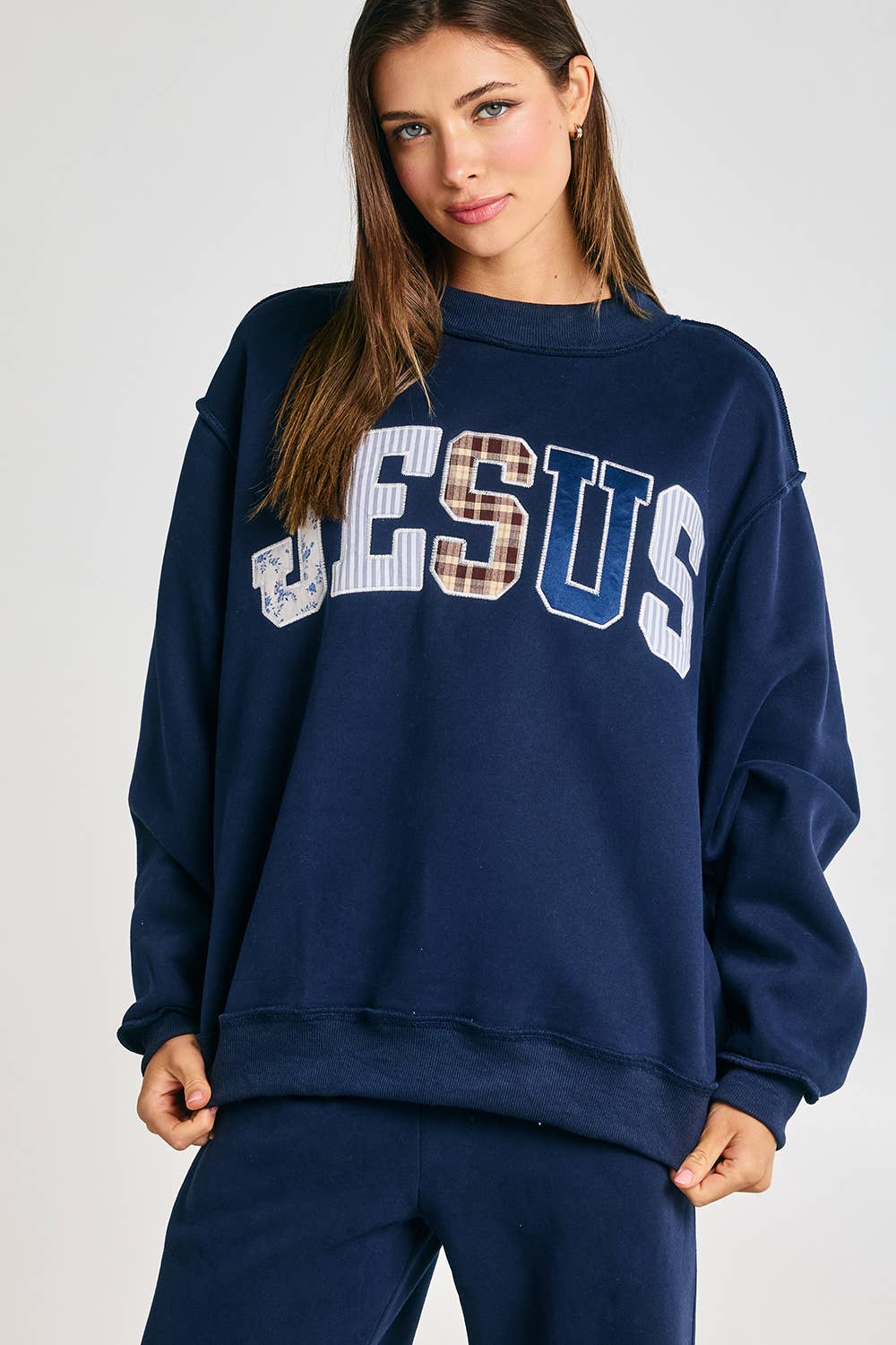 Jesus Embroidered Patchwork Mock-neck Sweatshirt