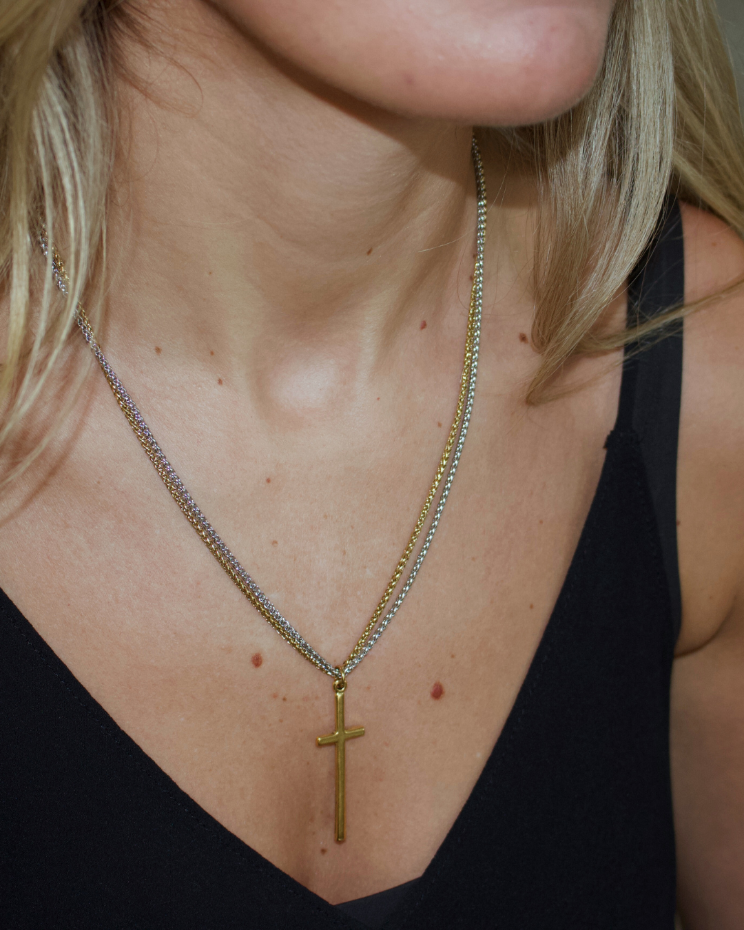 Elle Double Chain Cross Necklace 18k Gold Plated Water Resistant Wheat Chain Two Tone