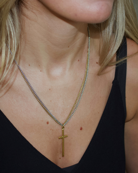 Elle Double Chain Cross Necklace 18k Gold Plated Water Resistant Wheat Chain Two Tone