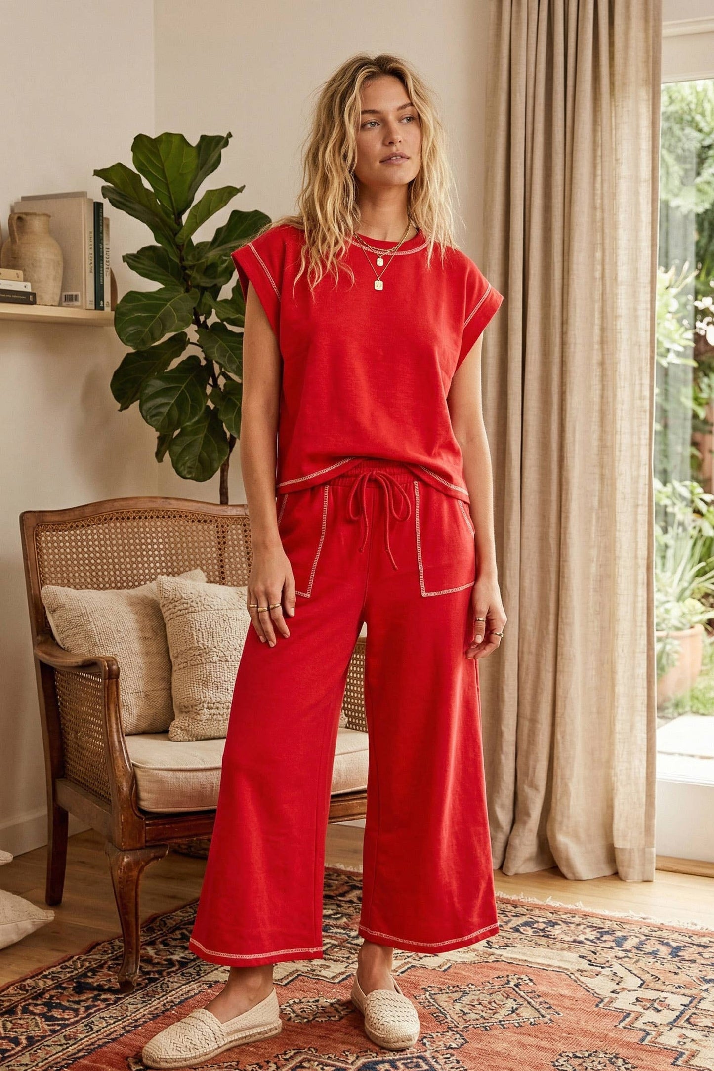 Red Scuba Raw Edge Lounge Set