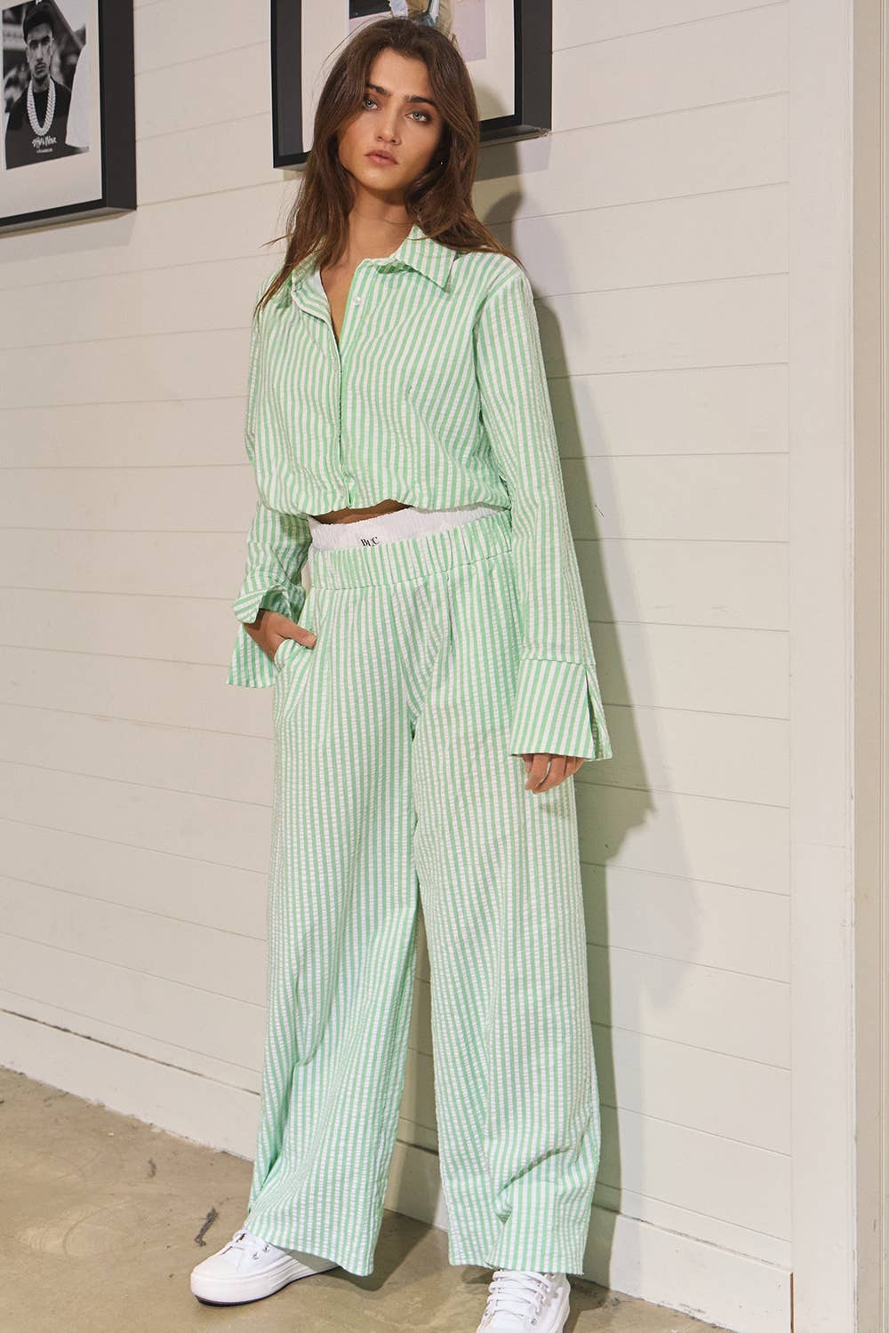 Sage Striped Seersucker Crop Shirt Top