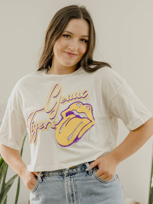 Rolling Stones LSU Geaux Tigers Malibu Off White Cropped Tee