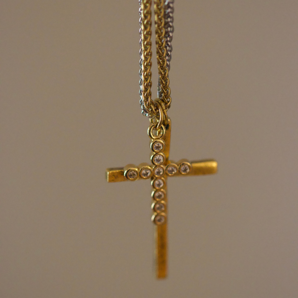 Dual Cross Necklace Mixed Metal 18k Gold Non Tarnish