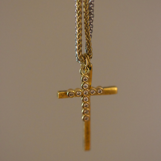 Dual Cross Necklace Mixed Metal 18k Gold Non Tarnish