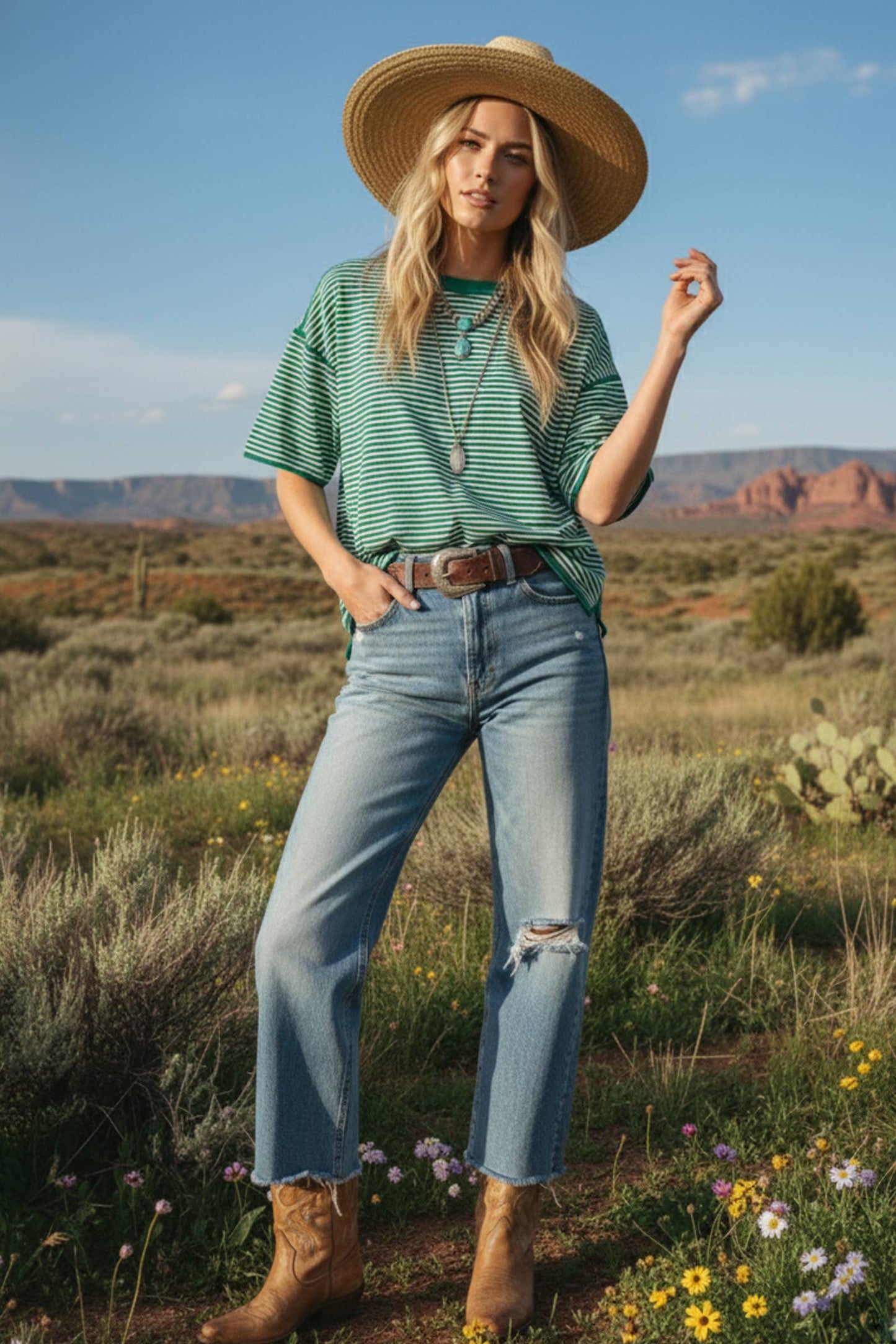 Green Striped Oversized Knit Top