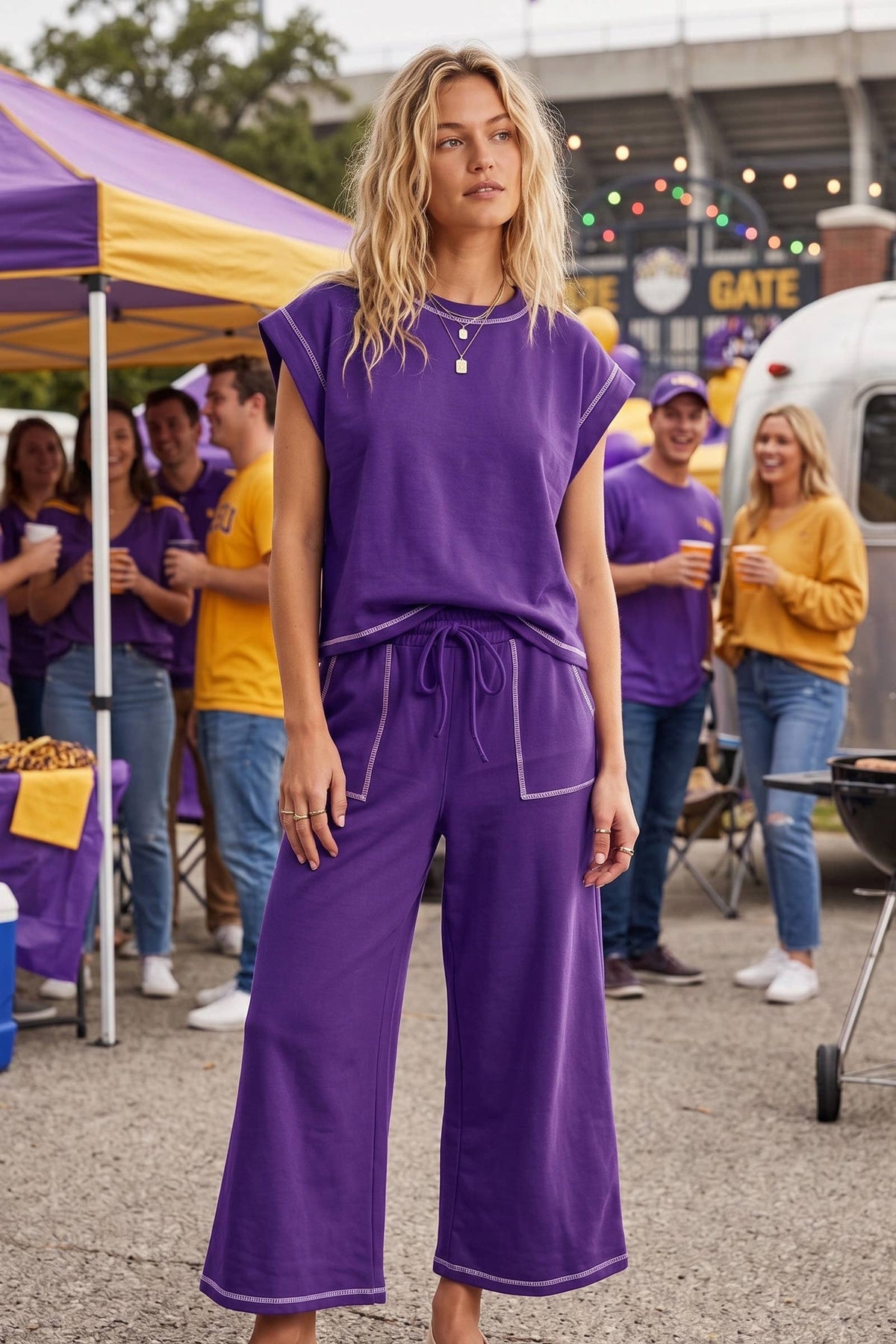 Purple Scuba Contrast Stitch Lounge Set