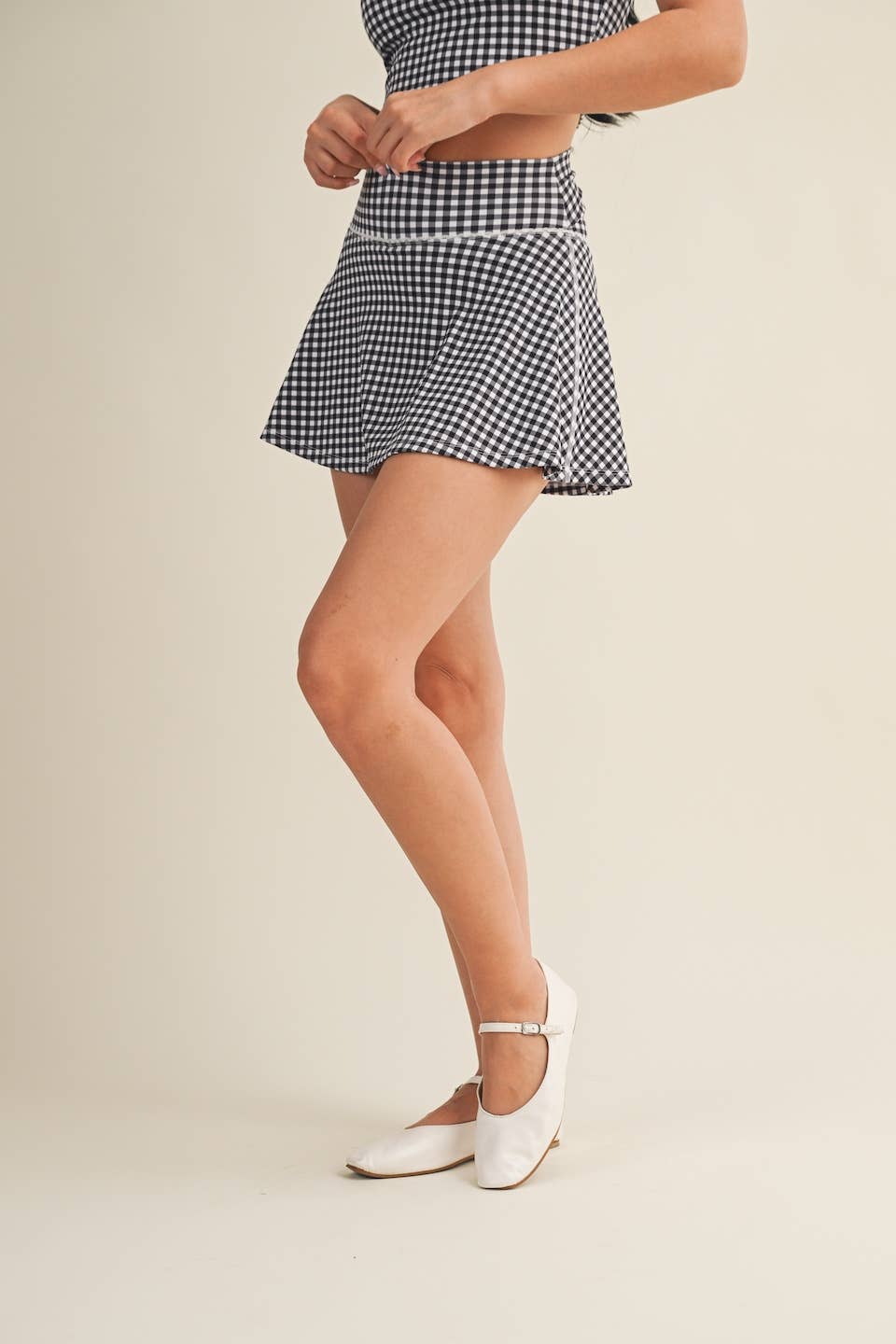Black Gingham Print Mini Circle Skort with Bow Back and Lace Trim
