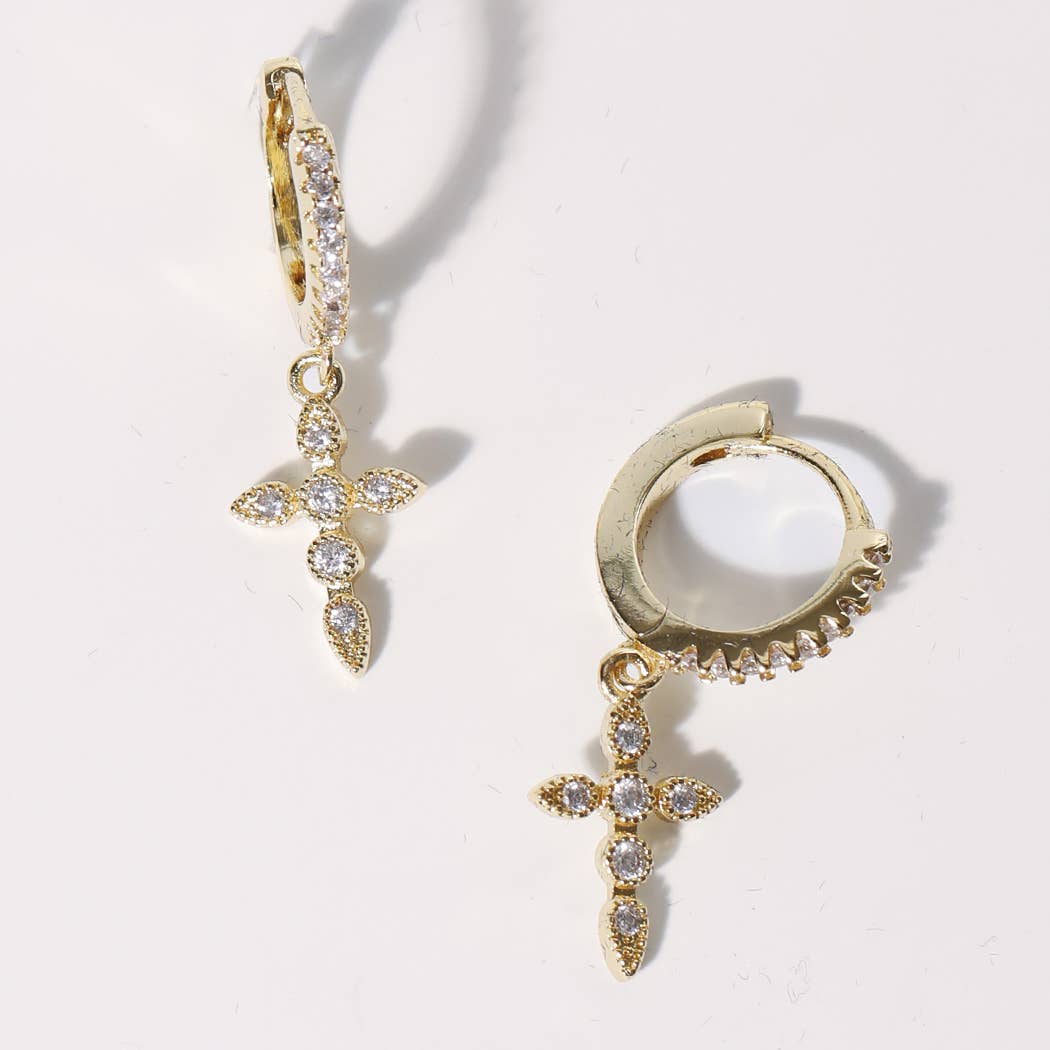 Pave CZ Cross Charm Huggie Hoop Earrings