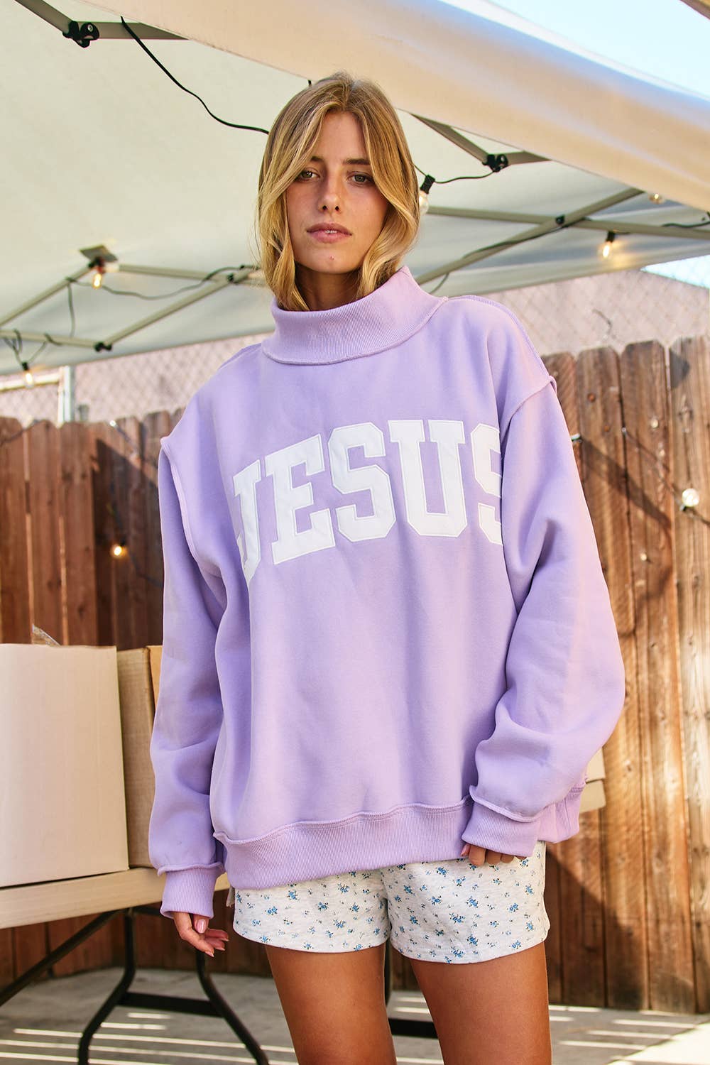 JESUS' Embroidered Mock Neck Sweatshirt Lavender