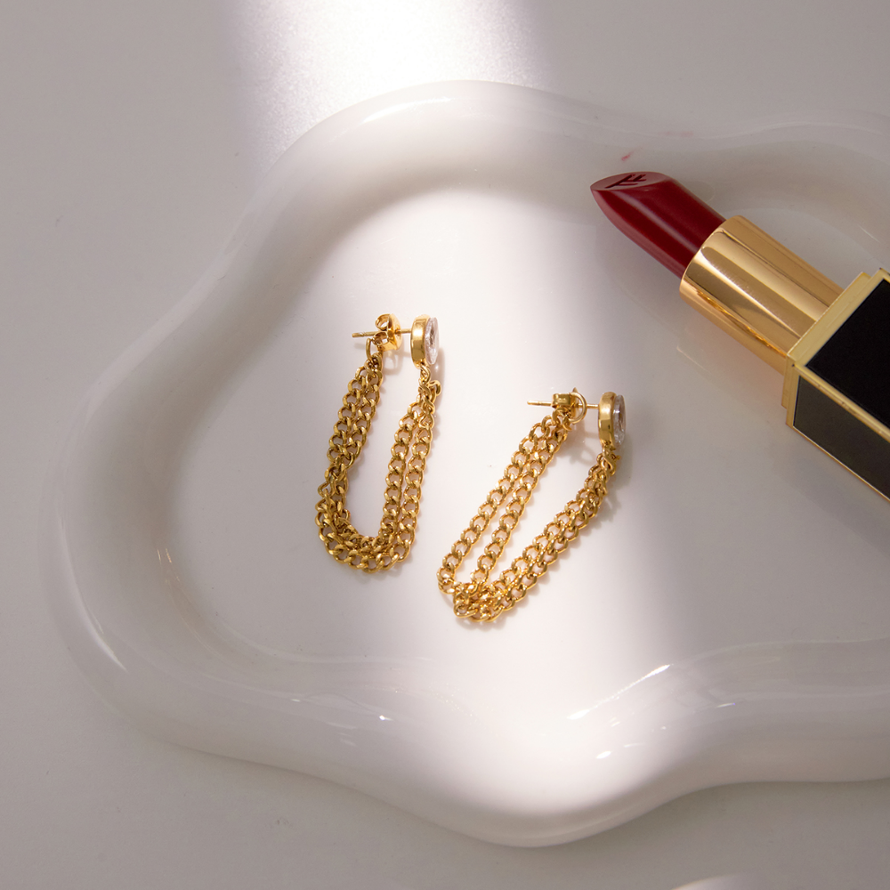 Teardrop CZ Chain Drop Earrings 18k Gold Non Tarnish