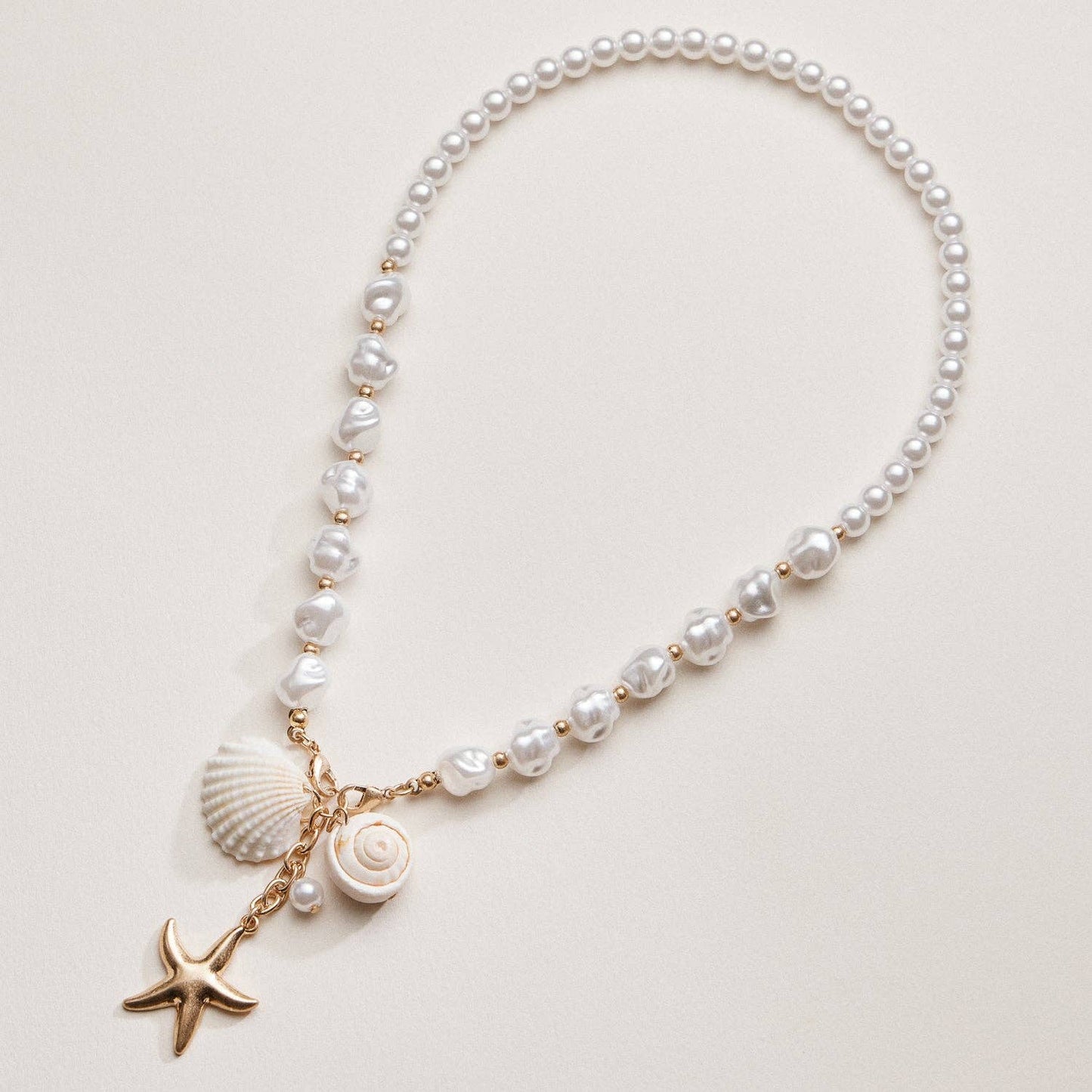 Gold Starfish & Seashell Pendant | Coastal Charm Pearl Necklace
