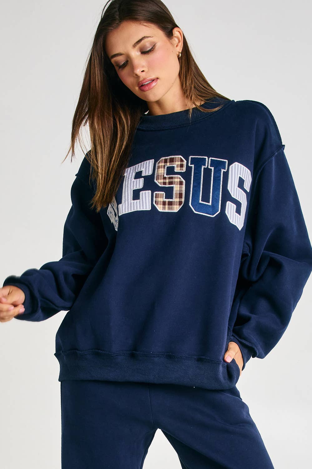 Jesus Embroidered Patchwork Mock-neck Sweatshirt