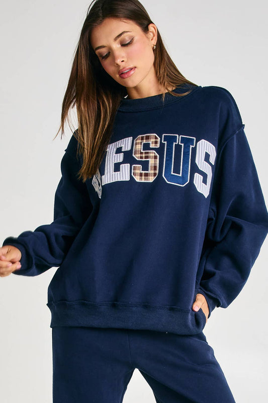 Jesus Embroidered Patchwork Mock-neck Sweatshirt