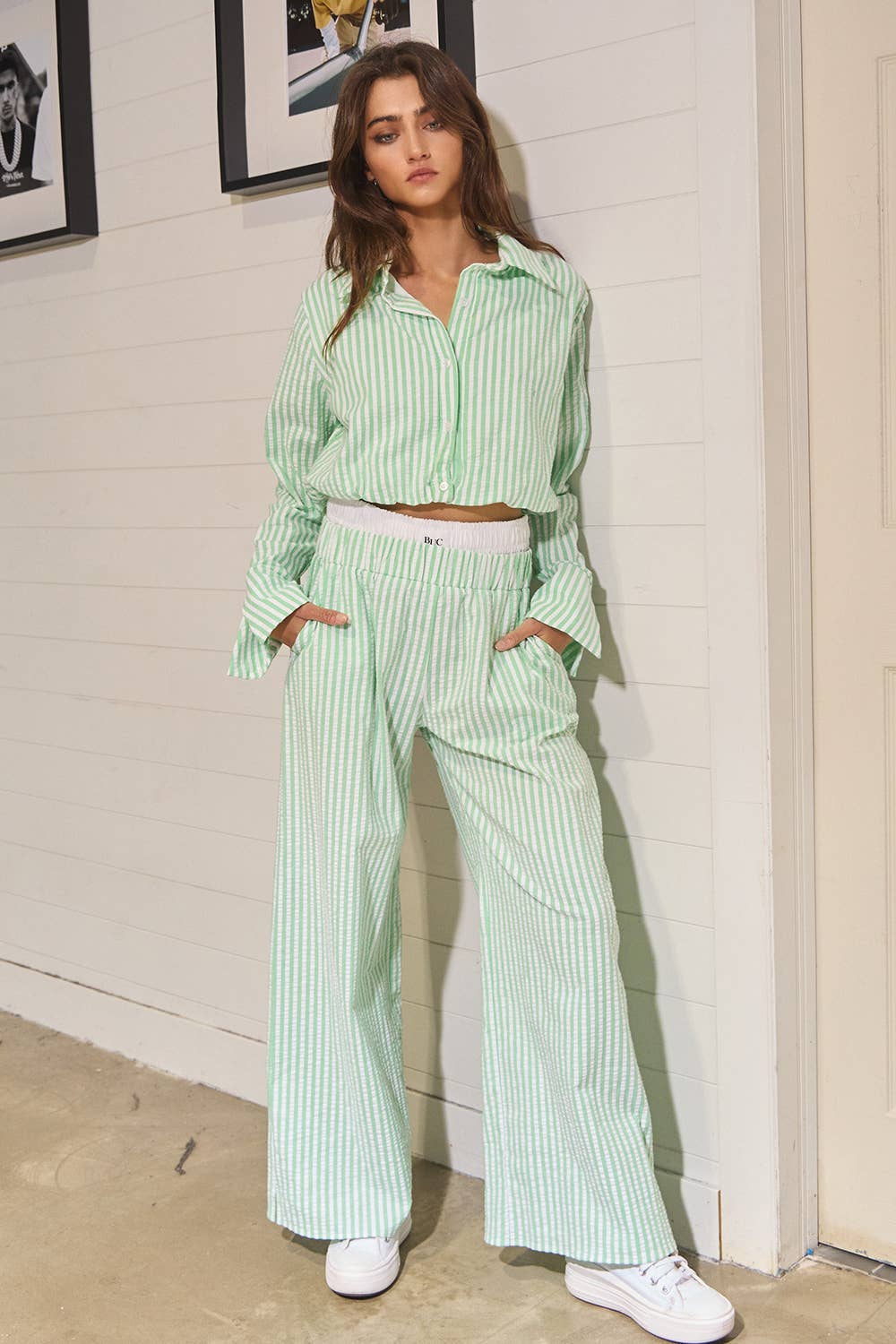 Sage Striped Seersucker Double Banded Exposed Boxer Pants
