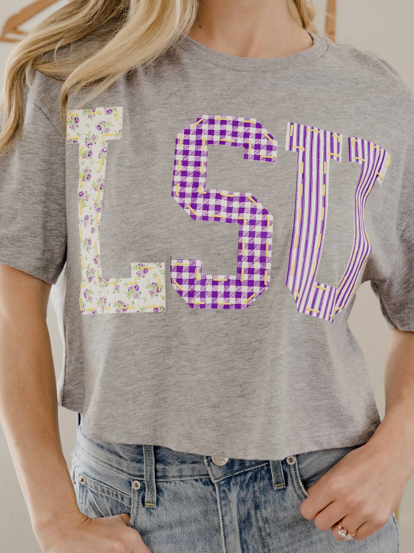 LSU Tigers Quilted Puff Ink Gray Cropped Tee