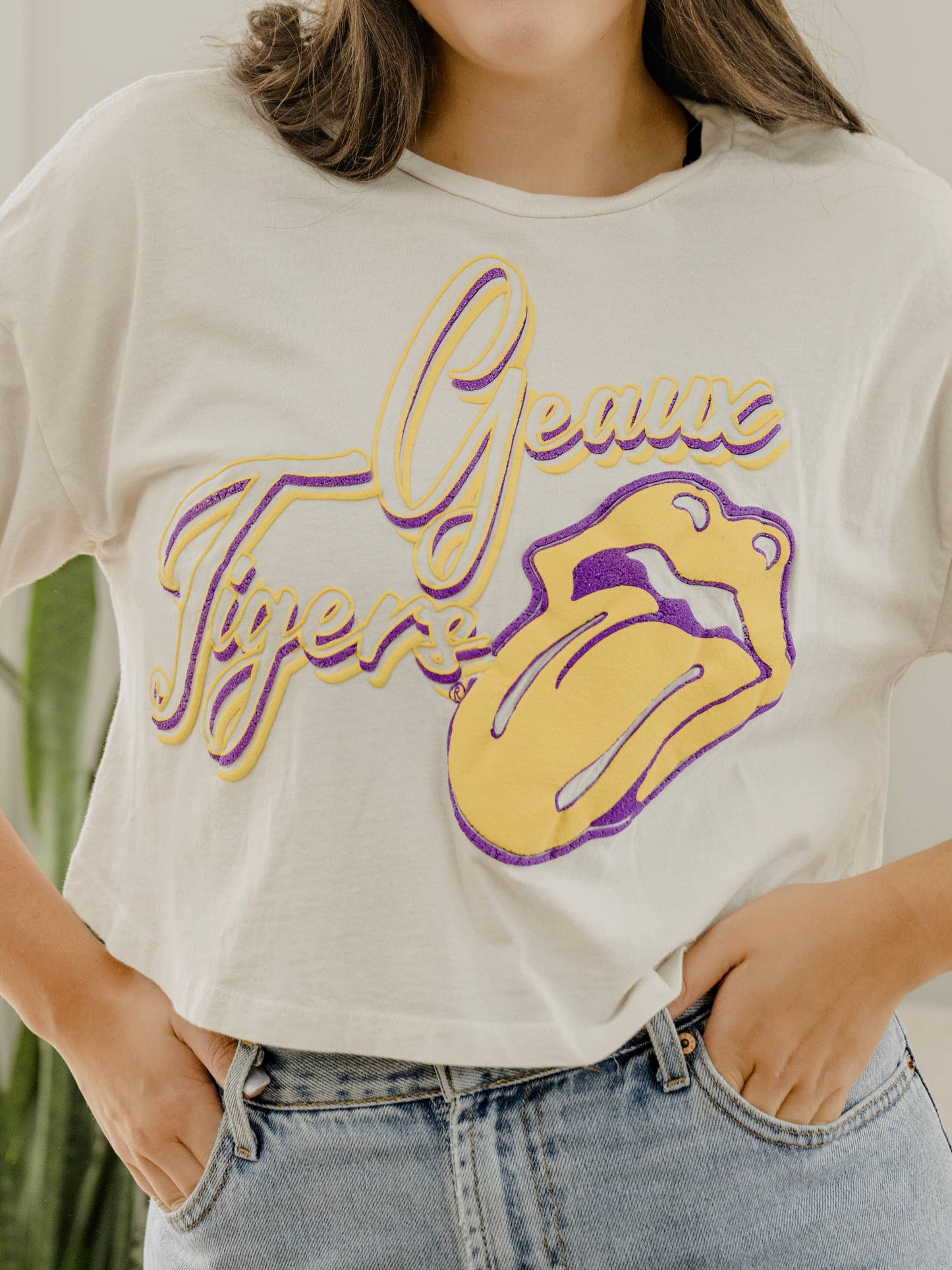 Rolling Stones LSU Geaux Tigers Malibu Off White Cropped Tee