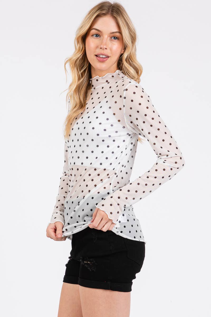 White Polka Dot Mesh Long Sleeve Top