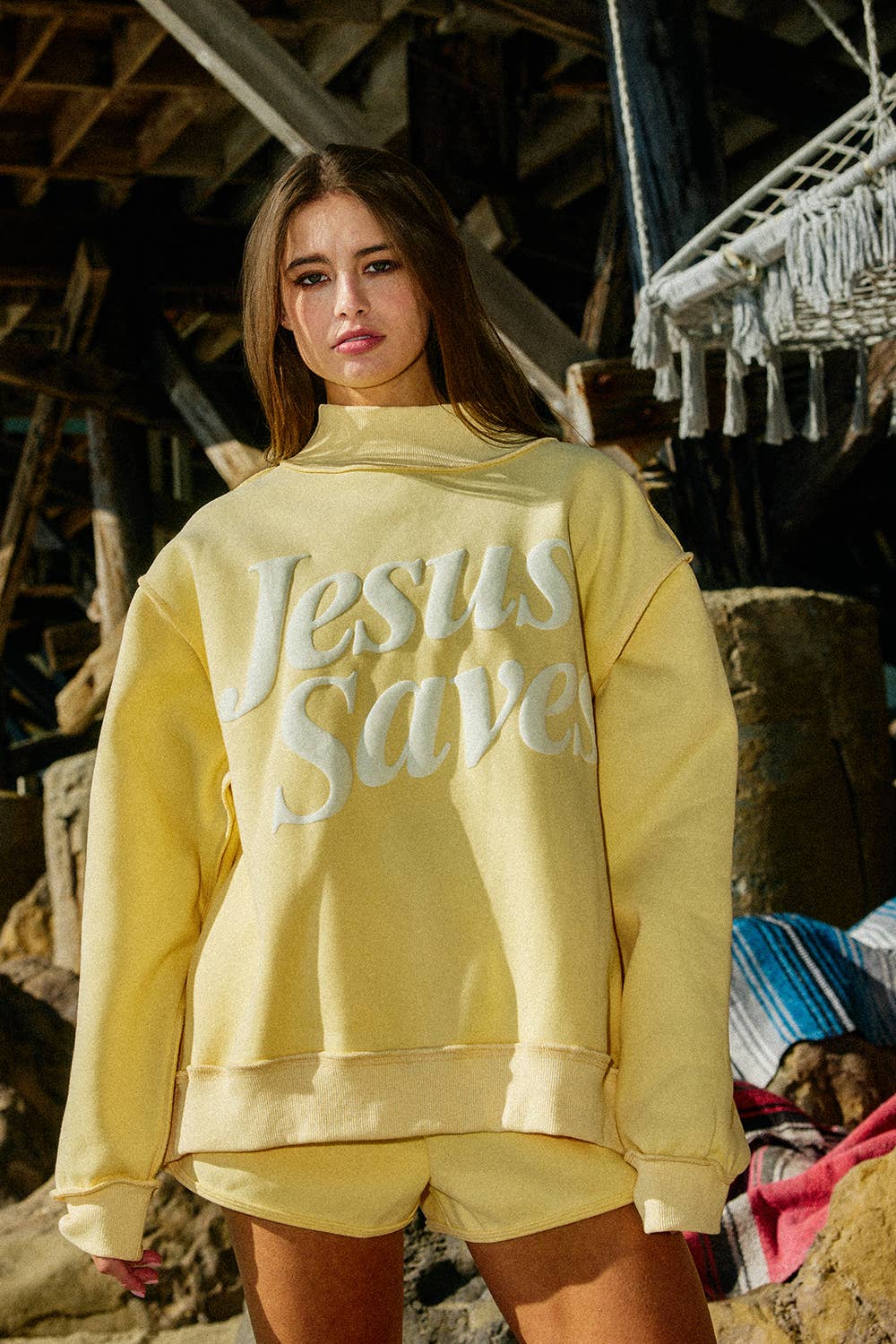 JESUS SAVES Butter Yellow Print Mock Neck Sweatshirt