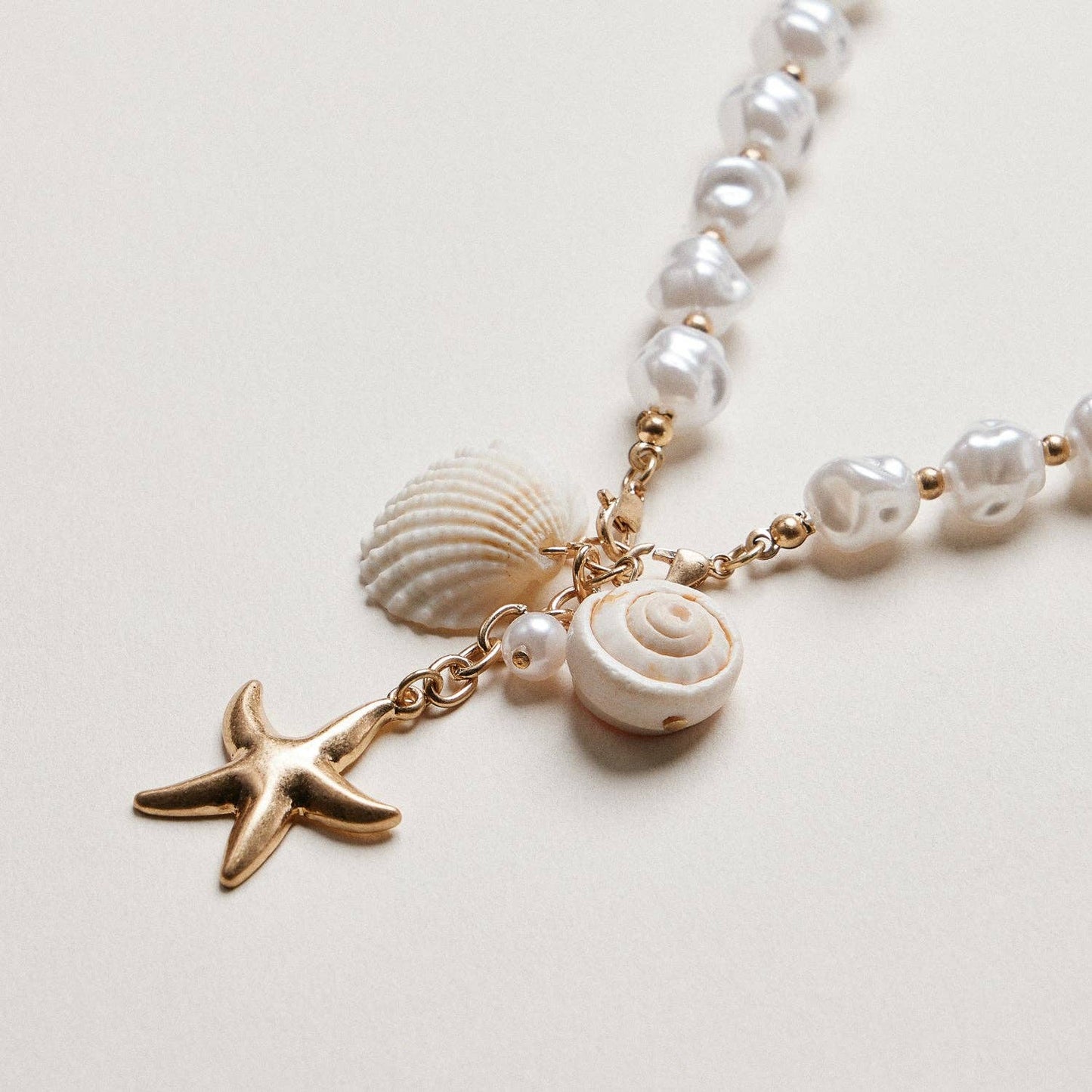 Gold Starfish & Seashell Pendant | Coastal Charm Pearl Necklace