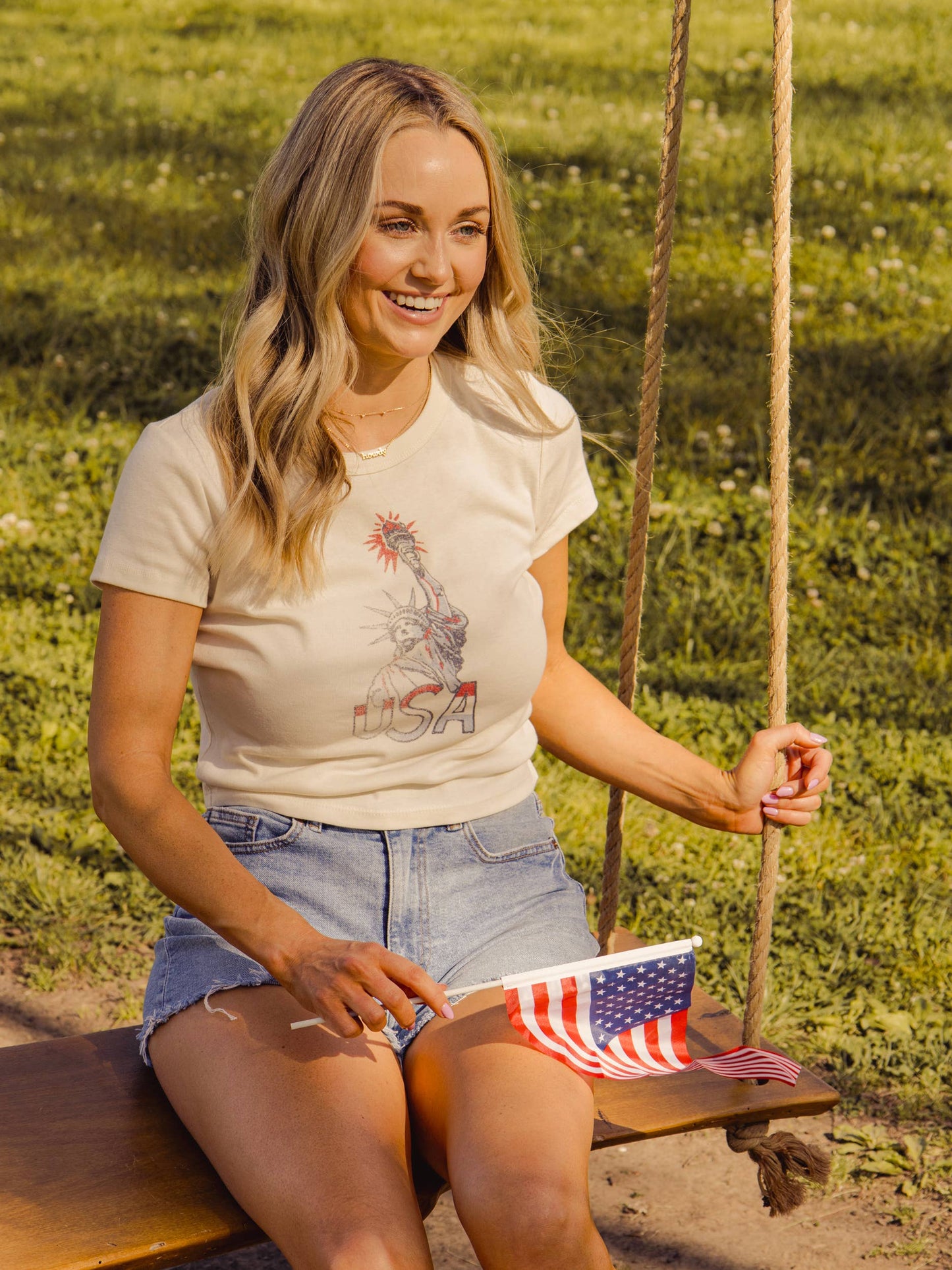 4th of July Miss Liberty Off White Micro Cropped Tee