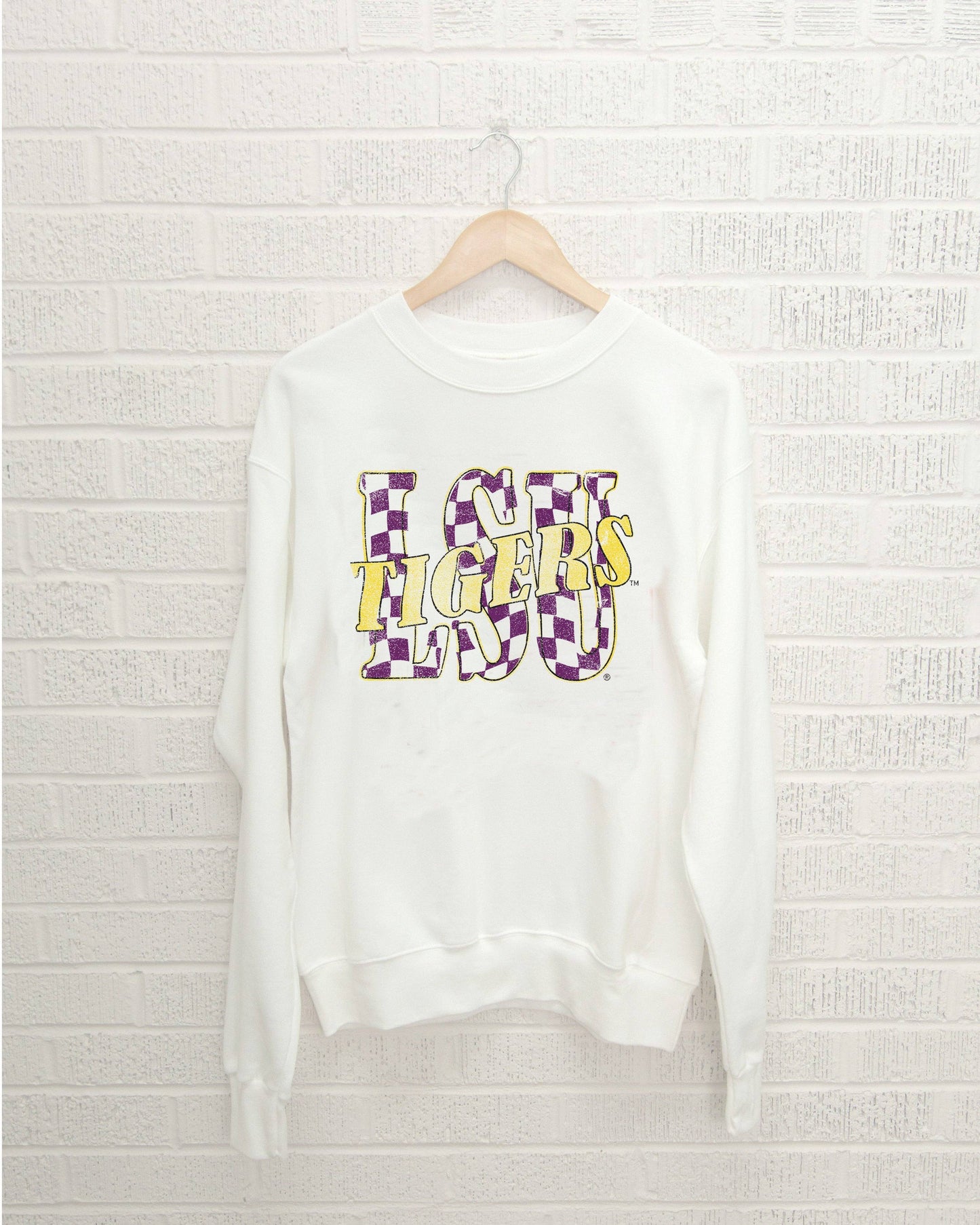 LSU Tigers Twisted Check White Thrifted Sweatshirt