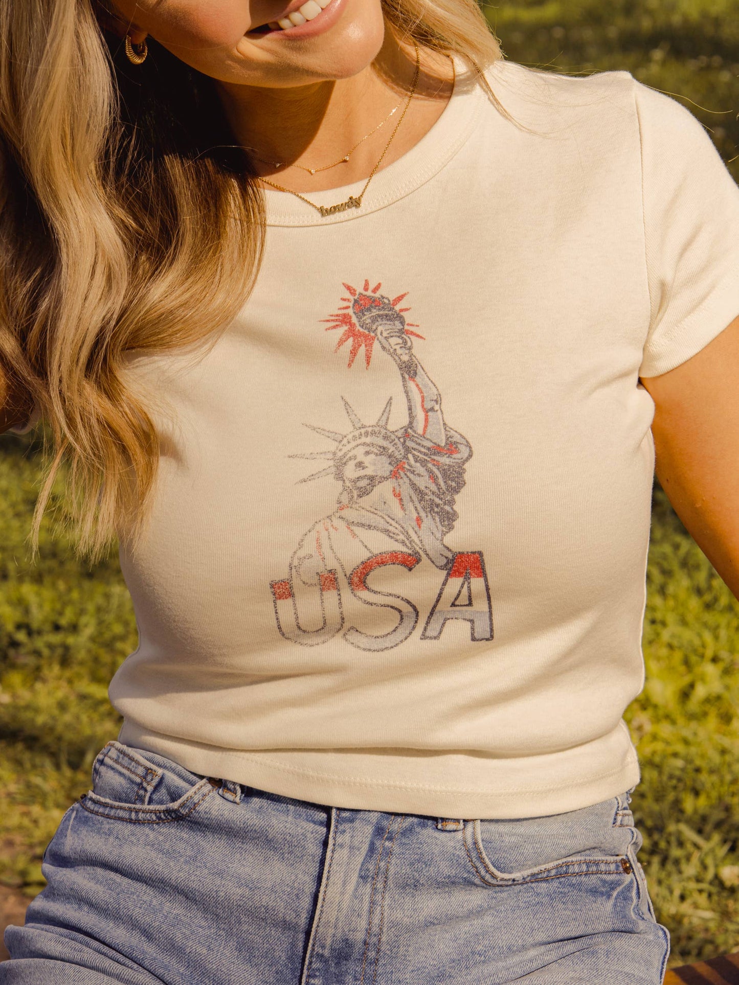 4th of July Miss Liberty Off White Micro Cropped Tee