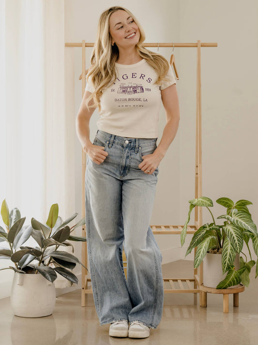 LSU Tigers Stadium Coordinates Off White Micro Cropped Tee