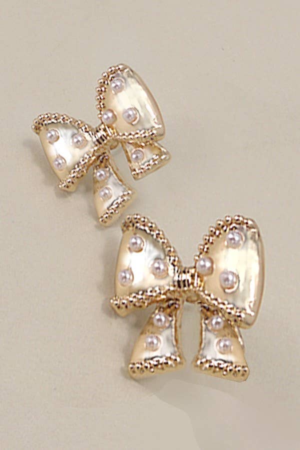 BOW PEARL STUD EARRINGS | 31E24883: Gold