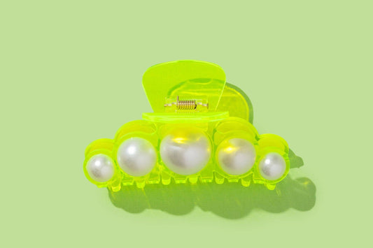 Claw Hair Clip - Large - Neon Green w/ Pearl Beads