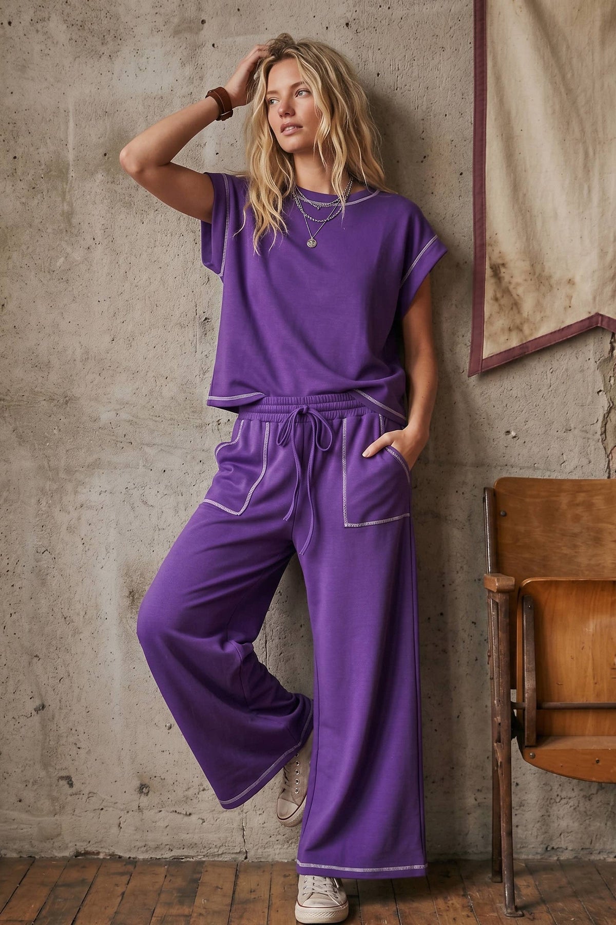Purple Scuba Contrast Stitch Lounge Set